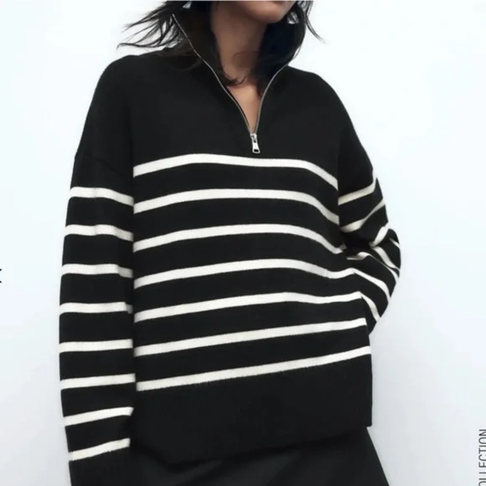 Zara Black and White Striped Turtleneck Sweater